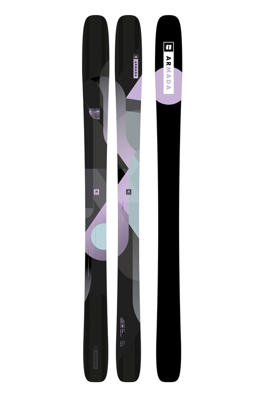 women's Armada Reliance 82C skis, black with light purple and mint green accents.