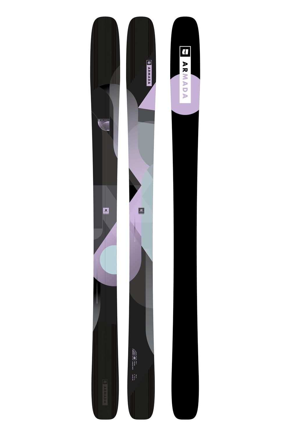 women's Armada Reliance 82C skis, black with light purple and mint green accents.