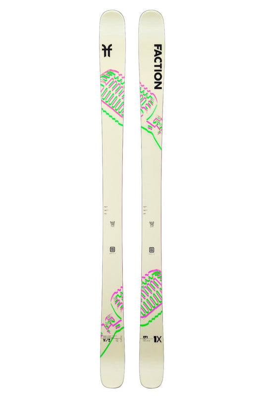 women's Faction Prodigy 1 skis, off white with neon green & pink accents