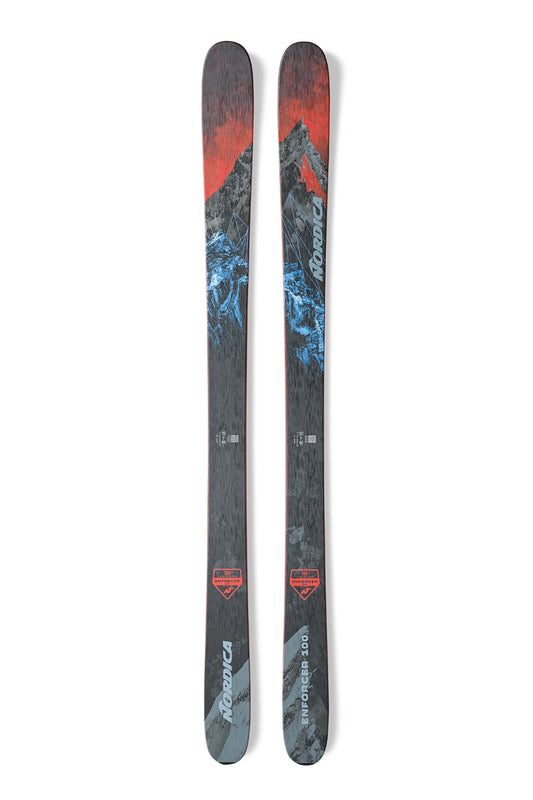 men's Nordica Enforcer downhill skis,  mountain graphic in red, gray and blue