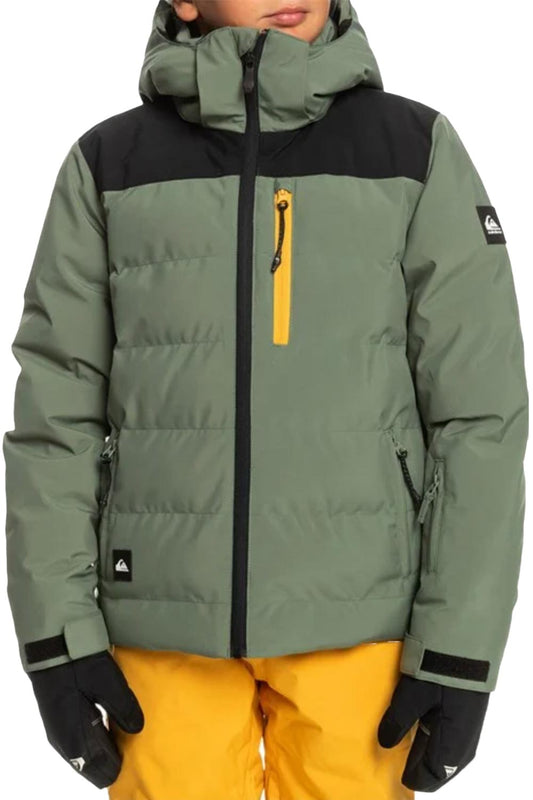 Quiksilver boys' snowboard puffy jacket, green with back and yellow accents
