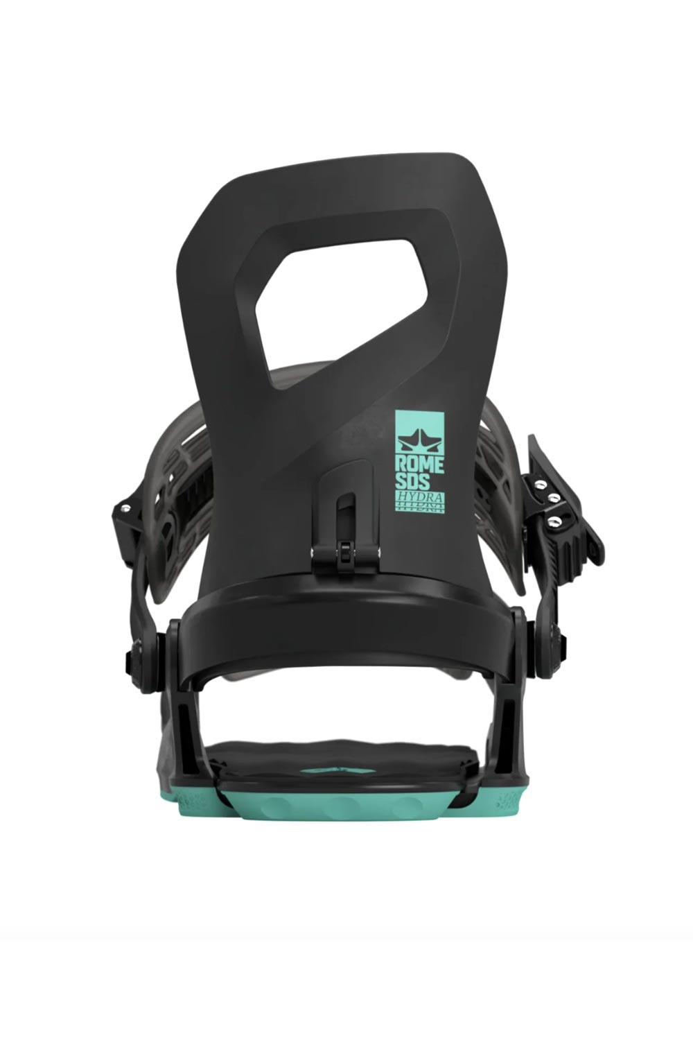 Women's Rome Hydra snowboard bindings, black with teal accents