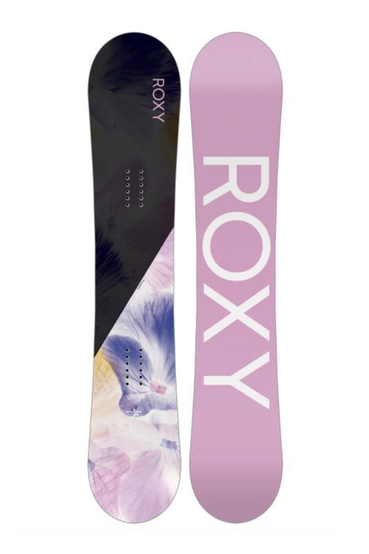 women's Roxy Dawn snowboard, black with a multicolor pansy graphic