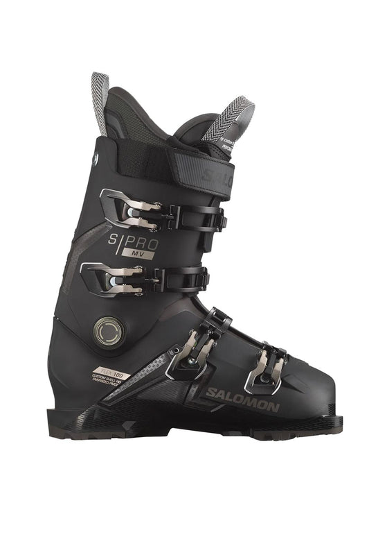 men's Salomon SPro 100 ski boots, black with metallic accents