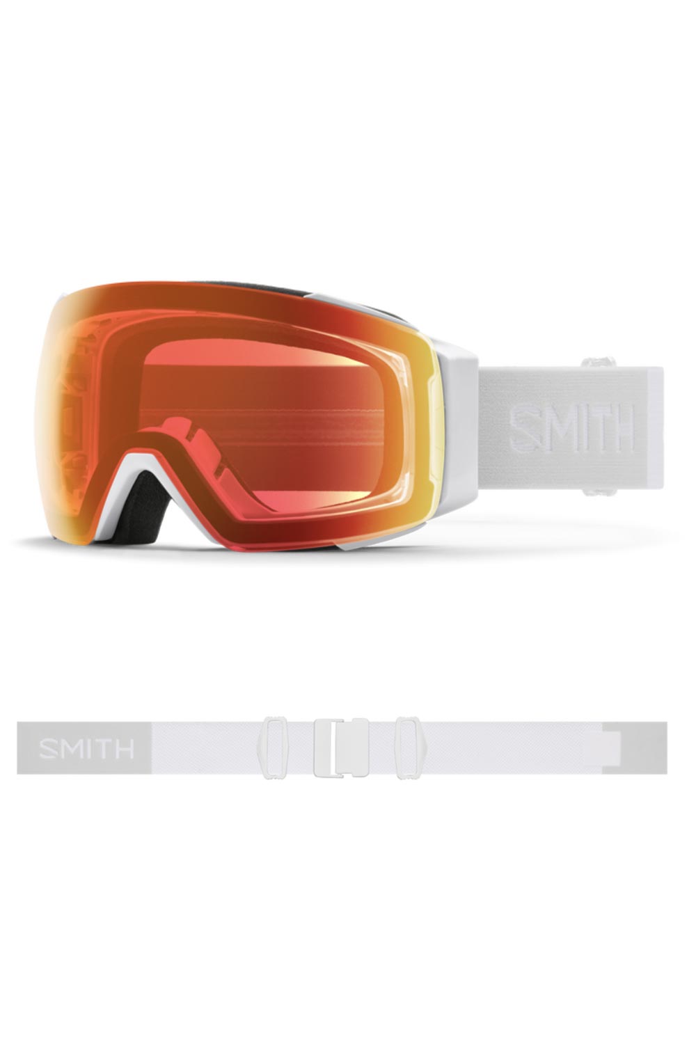 Smith ski goggles, white strap and red lens