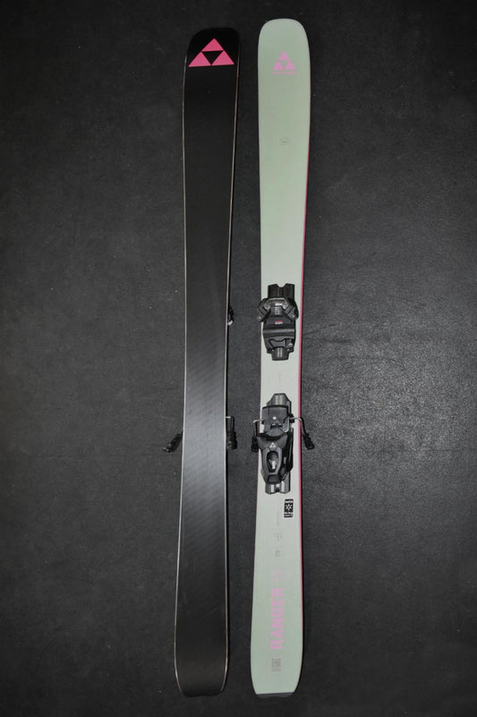 Fischer Ranger 90 demo skis, light green and pink, with black bindings