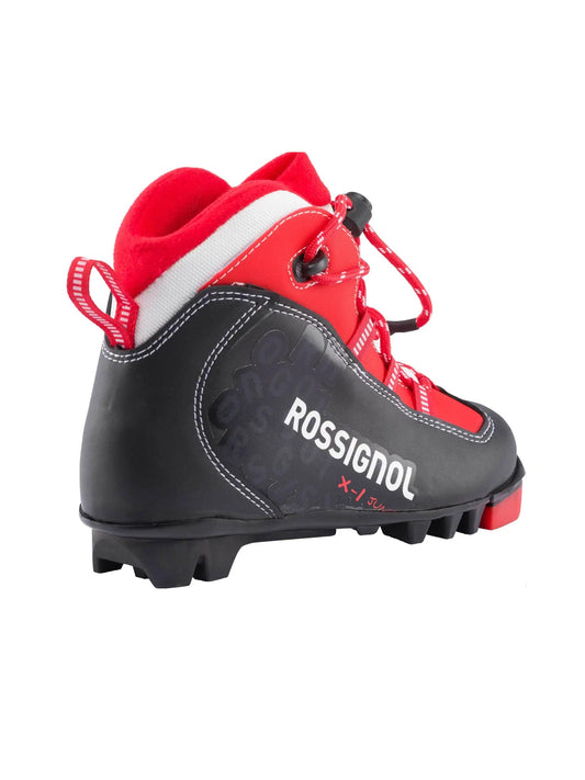 black and red Rossignol kids cross country ski boots