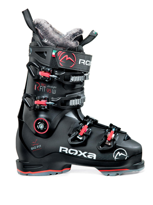women's Roxa RFit Pro 95 ski boots, black with coral accents