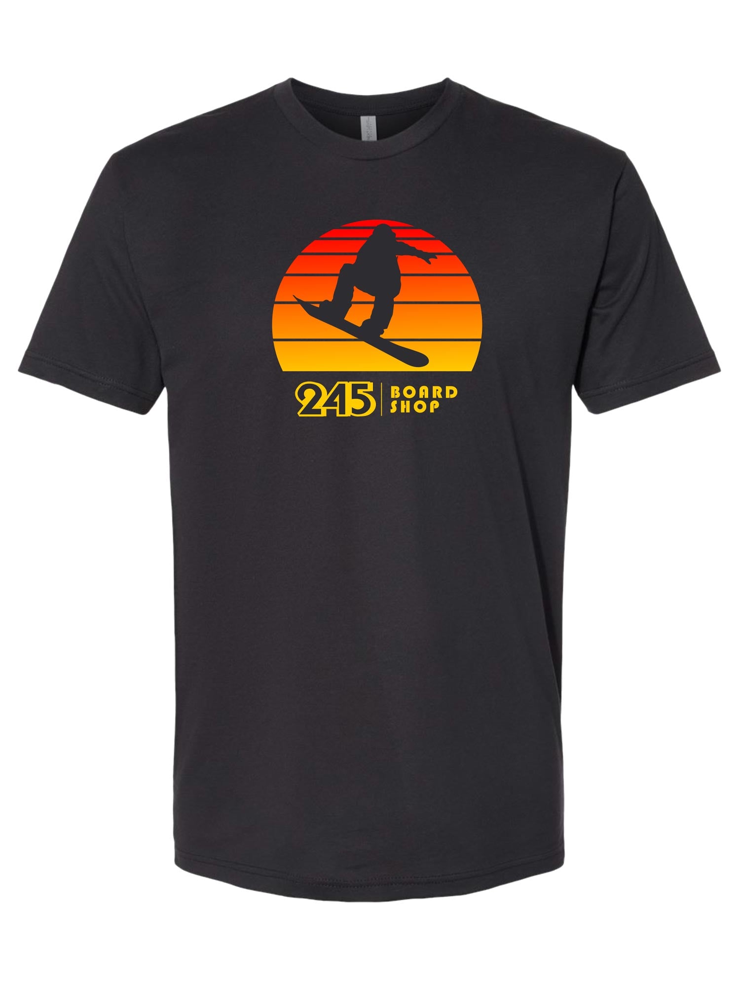 dark grey tee with a snowboarder jumping, sunset background