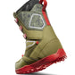 olive green and red snowboard boots