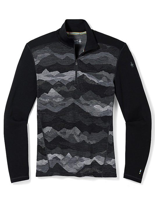 men's Smartwool base layer 1/4 zip top, black & grey mountain pattern
