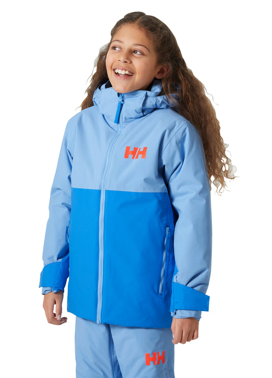 Helly Hansen girls ski jacket, bright blue and light blue