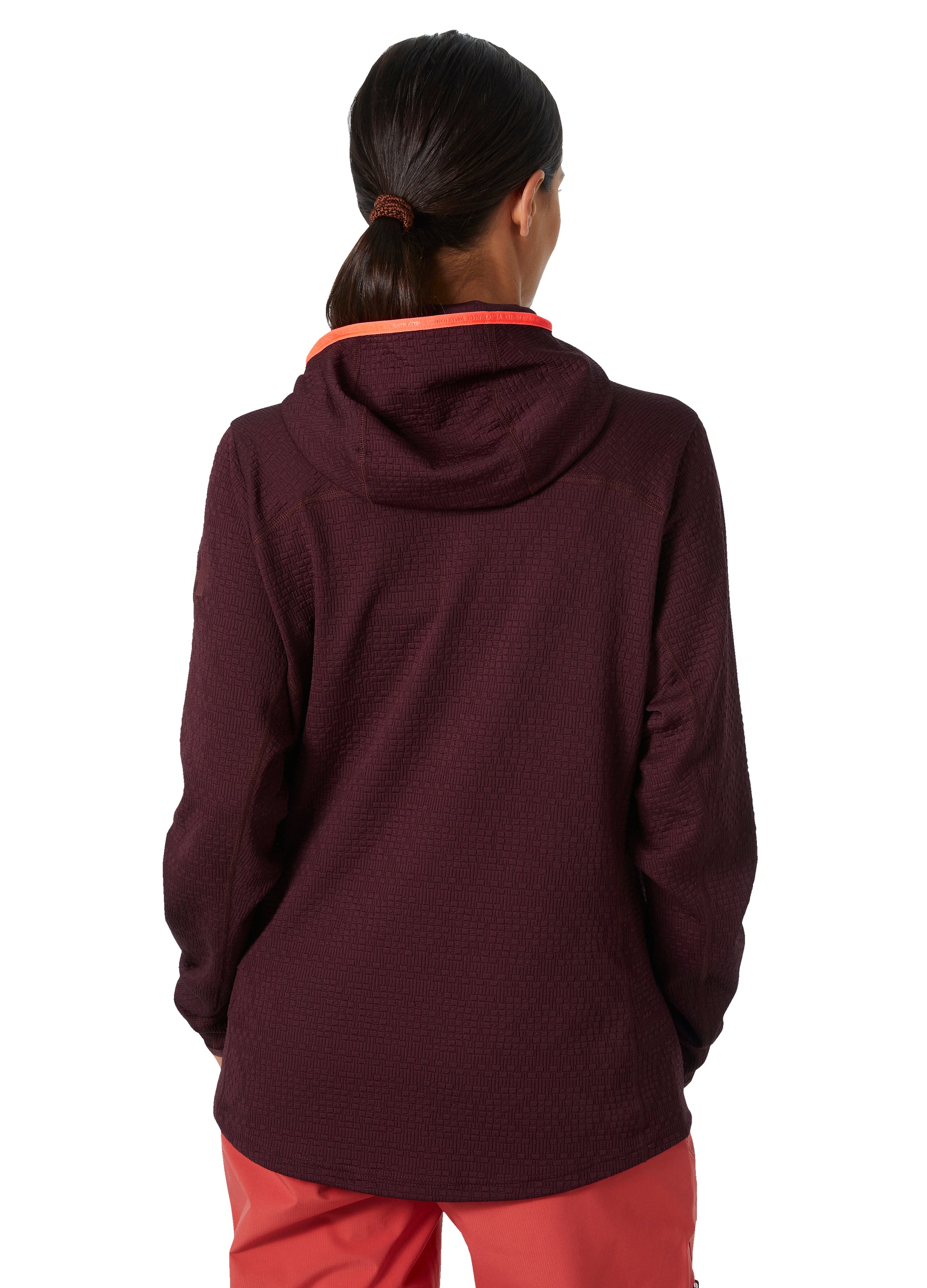 women's Helly Hansen Powderqeen Midlayer top - maroon with coral accents