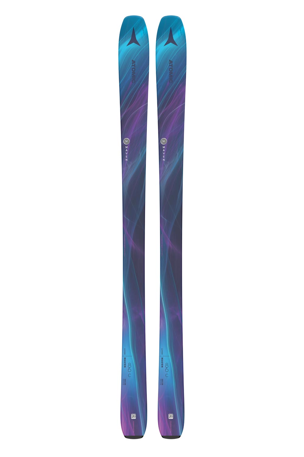 women's Atomic Maven skis, blue and purple swirl pattern
