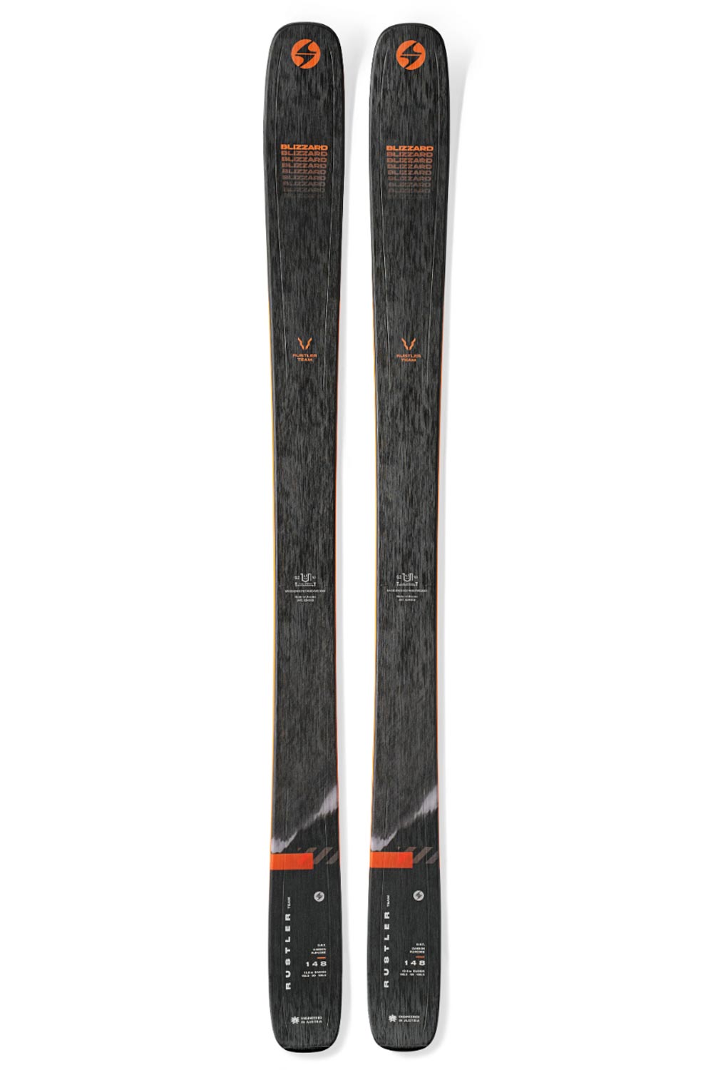 Blizzard Rustler Team downhill skis, black with orange accents