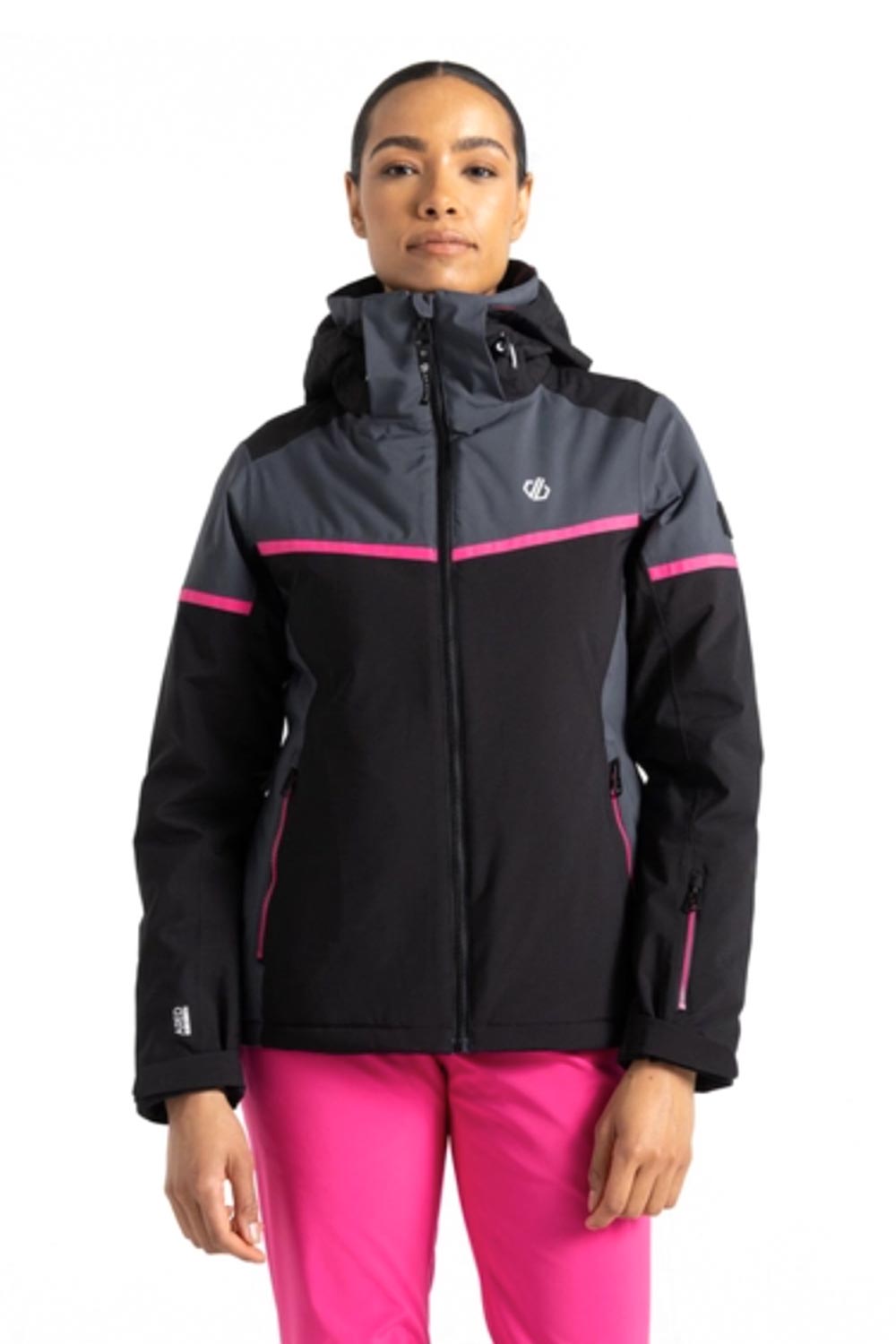 women's ski jacket, black & gray with pink accents