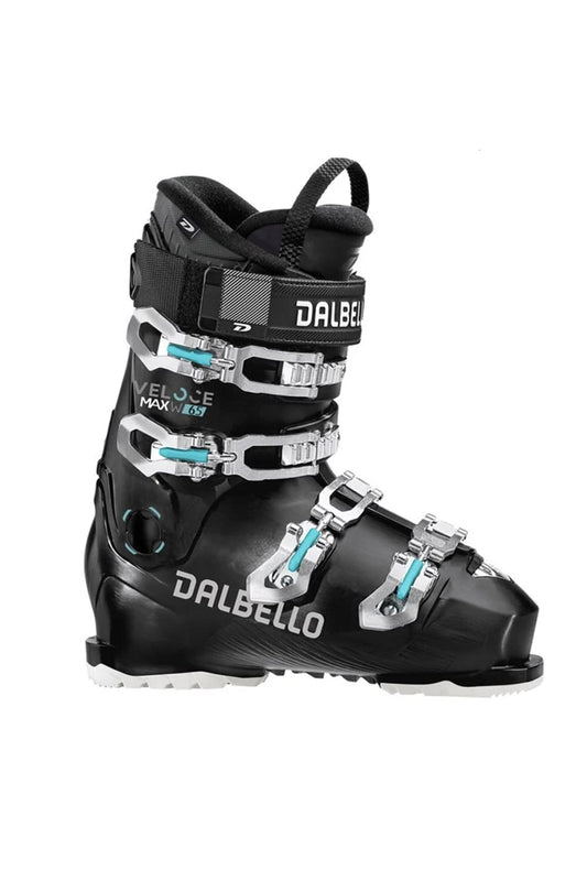 women's Dalbello Veloce Max 65 ski boots, black with teal accents and silver buckles