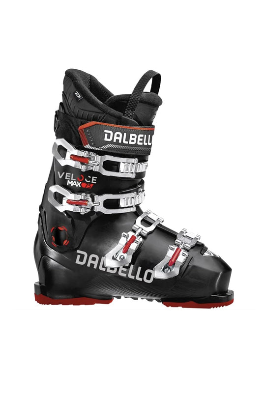 men's Dalbello Veloce Max 75 ski boots, black with red accents and silver buckles
