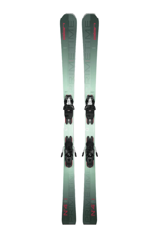 women's Elan Primetime skis with bindings, green skis, black bindings