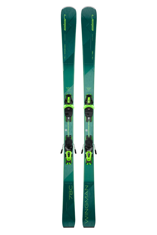 Elan Wingman 78 C skis with bindings, green ski with black/neon green bindings