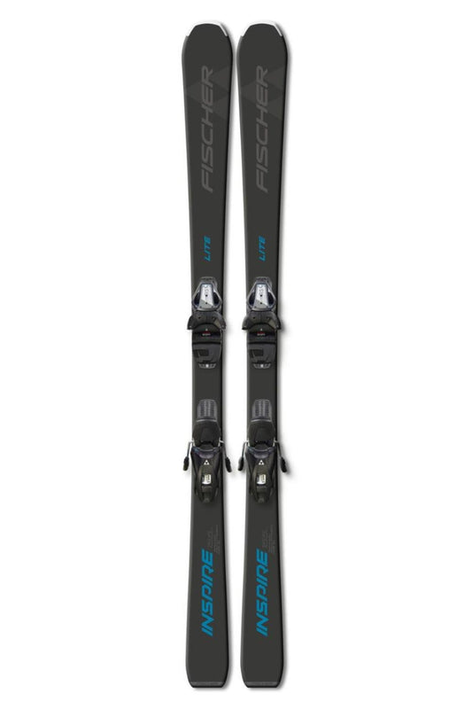 Fischer Inspire downhill skis with bindings.  dark grey and teal accents