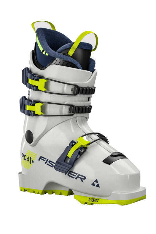 Fischer ski boots, kids', white with black and yellow accents