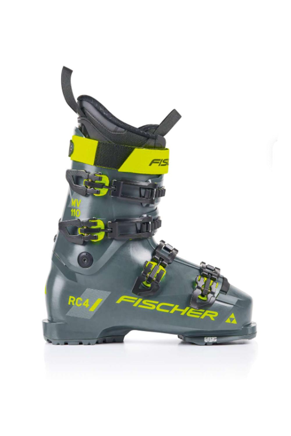 Fischer RC4 110 ski boots, gray with bright yellow accents