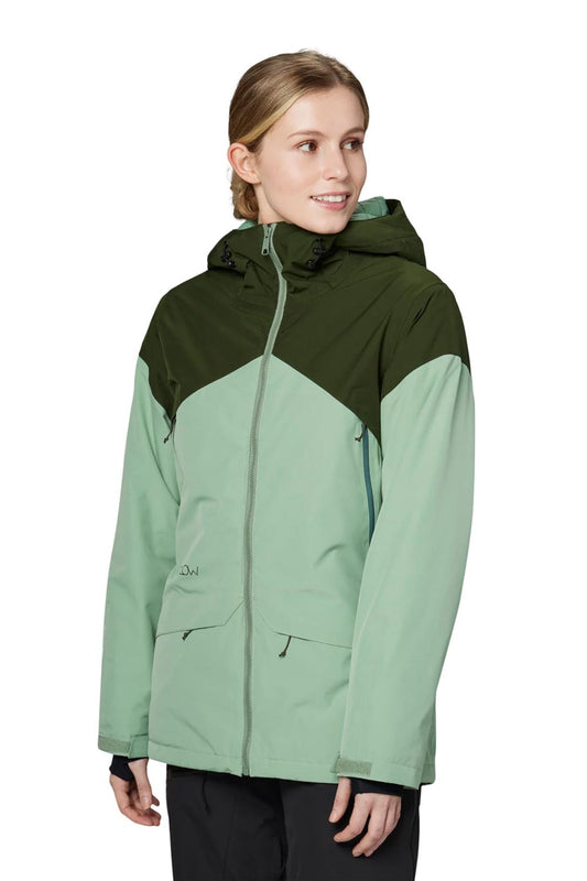 women's Flylow ski jacket, dark & light green