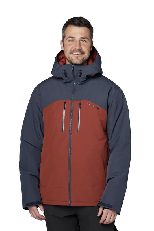 men's Flylow Roswell ski jacket, maroon and navy