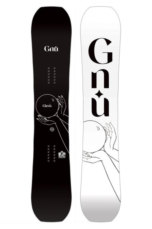 women's Gnu Bloss snowboard, black and white