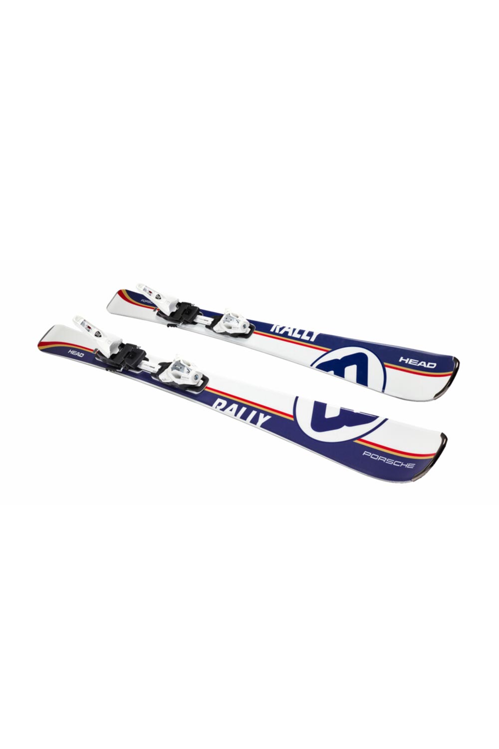 Head Porsche downhill skis with bindings, red white and blue rally graphic