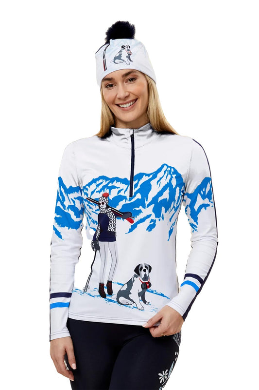 women's ski base layer top, bermese dog graphic