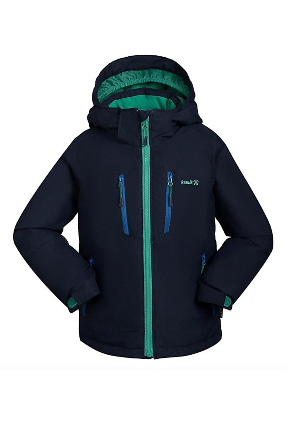 Kamik boys' ski jacket, navy blue with green accents