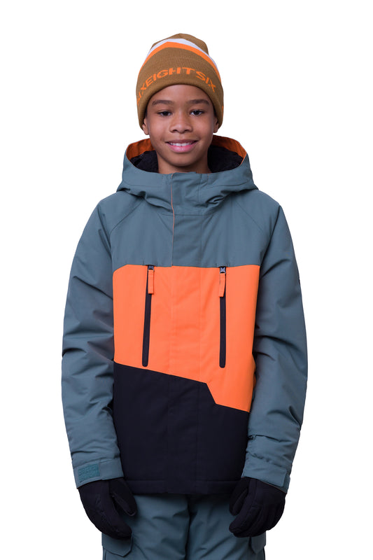 boys' snowboard jacket, blue orange and black