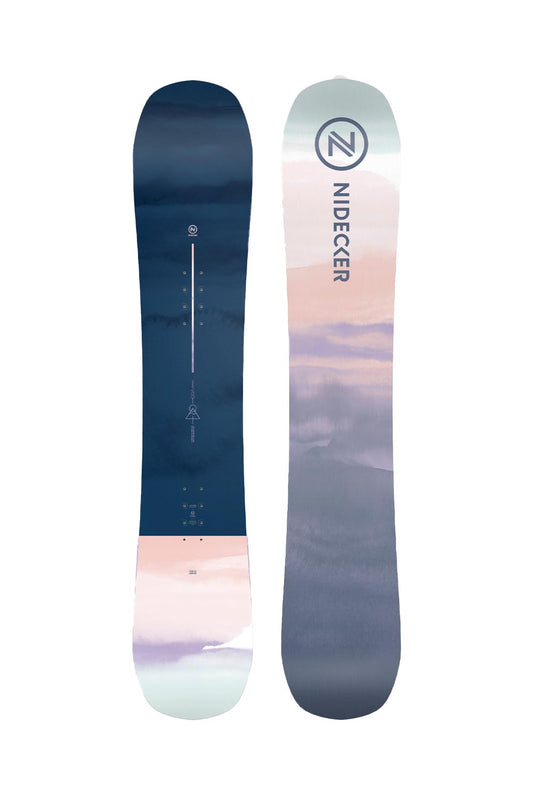 women's Nidecker Ora snowboard, cloudy sunset graphic