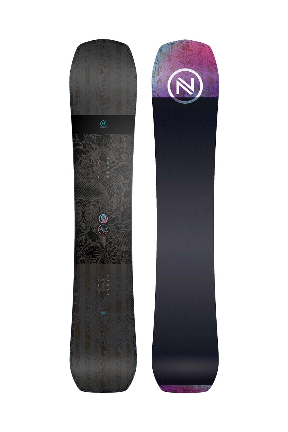 women's Nidecker Venus Plus snowboard, black floral pattern