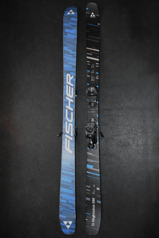 Fischer Nightstick demo skis, black, blue and gray lines pattern