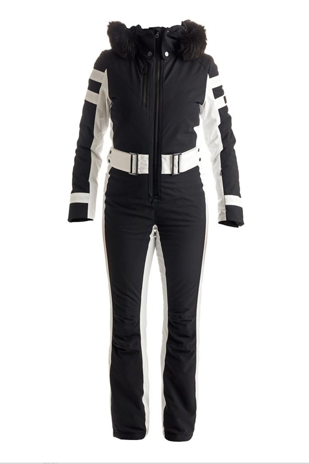women's ski suit, black with white accents, faux fur hood