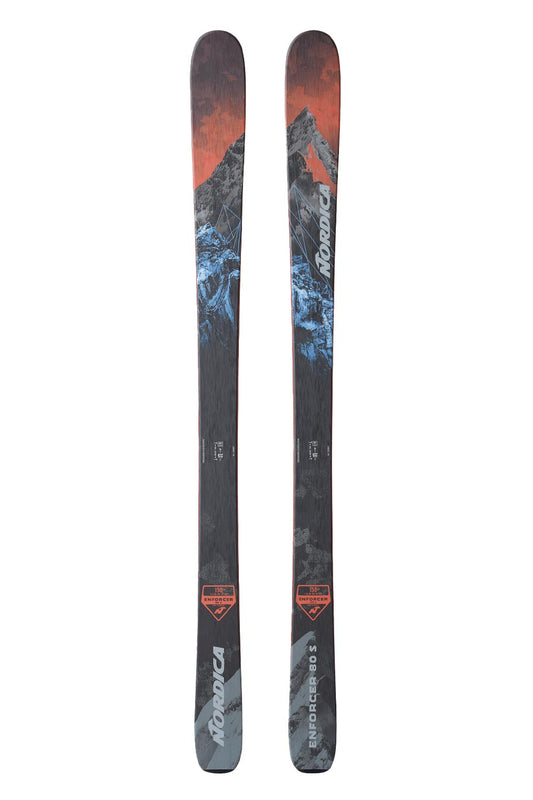 Nordica Enforcer 80s skis, gray, blue and red mountain scene