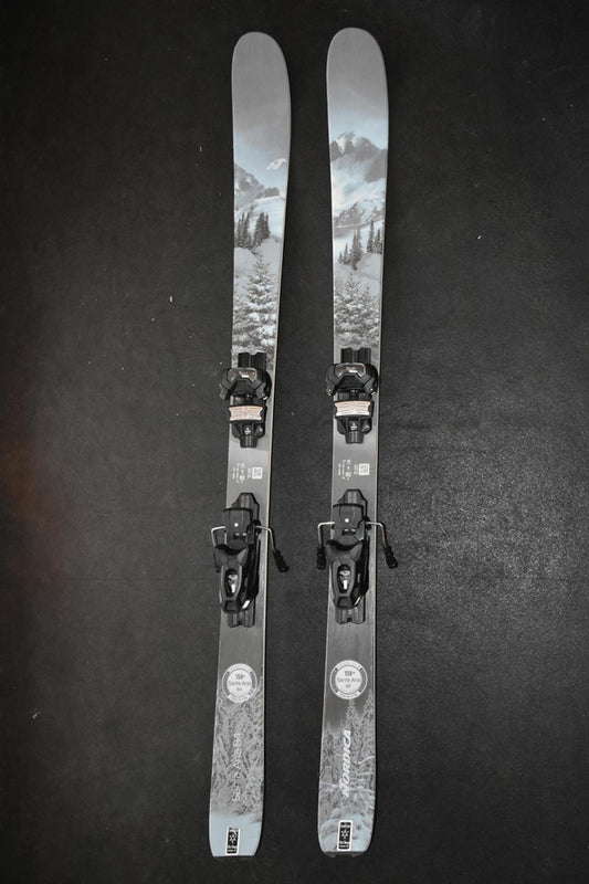 Nordica Santa Ana demo skis with bindings,  blue and silver mountain graphic