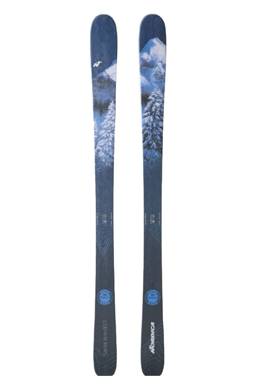 Nordica Santa Ana 80s skis, blue tree/mountain graphic