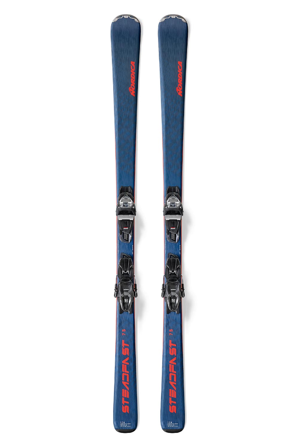 Nordica Steadfast 75 downhill skis with bindings,  blue skis, red accents, black bindings.
