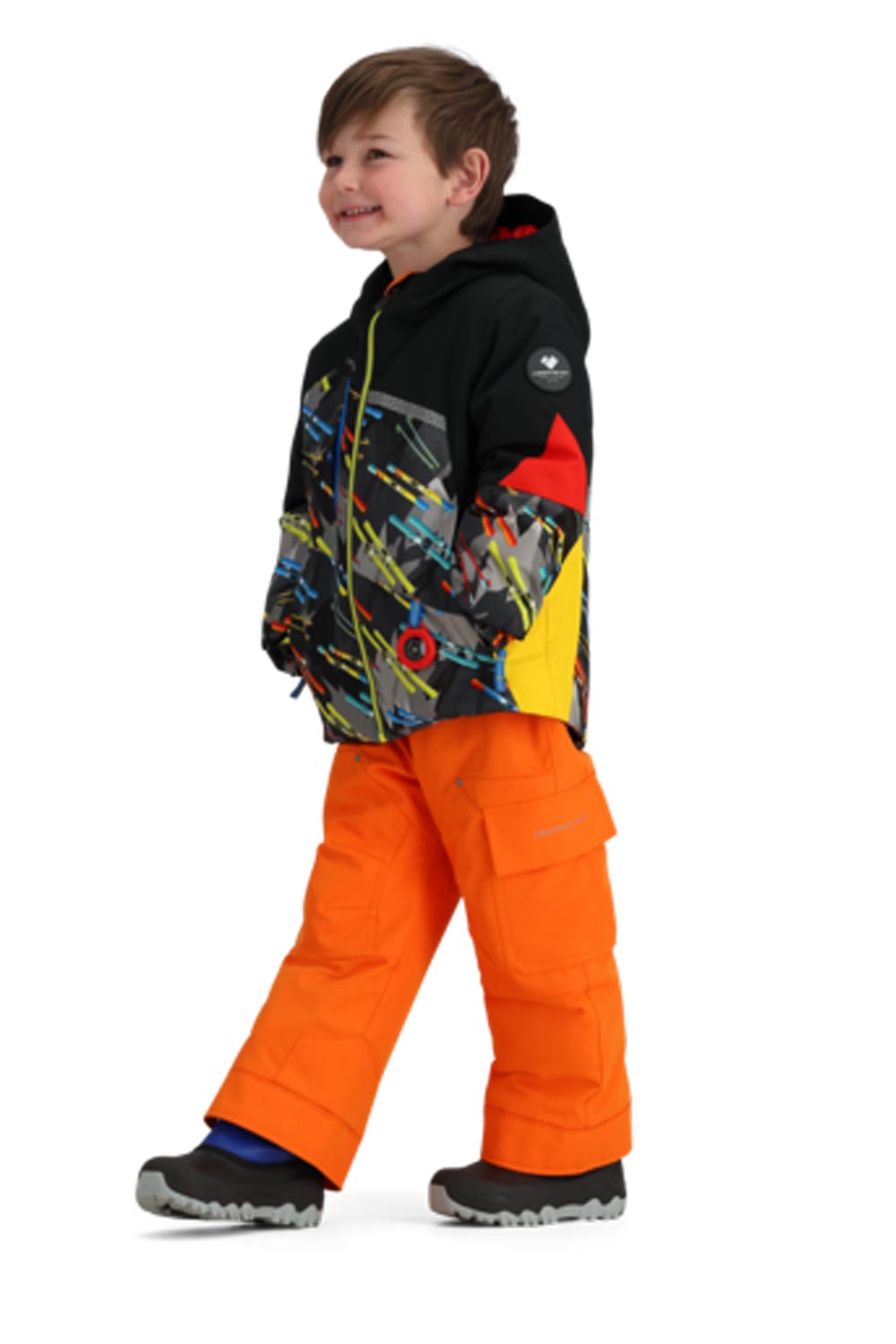 Boys' Obermeyer Orb jacket, black with skis graphic