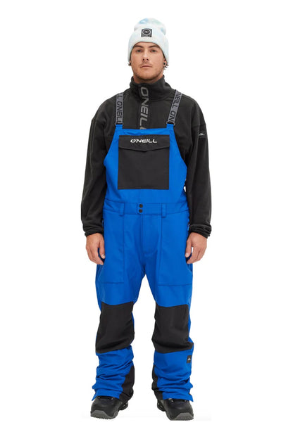 men's snowboard bib pants, bright blue with black accents