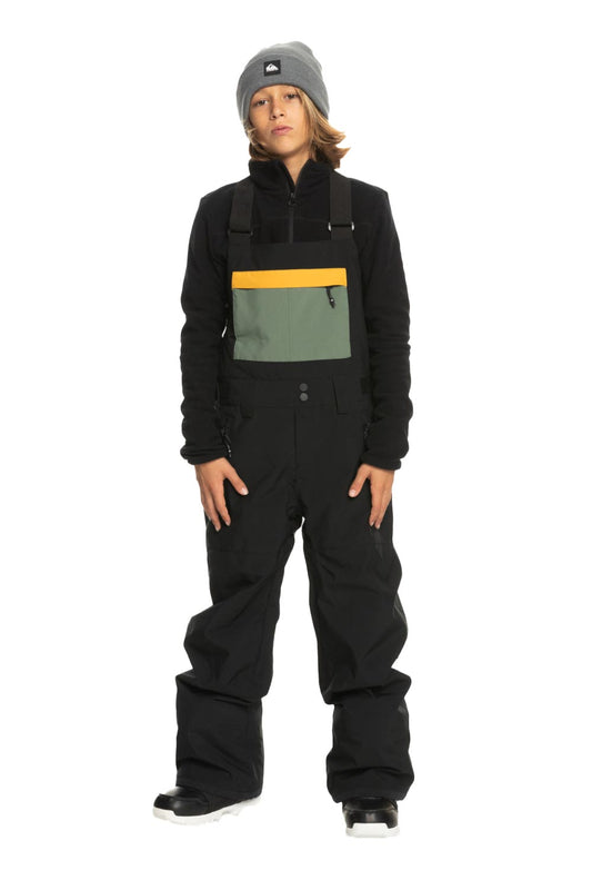 boys' bib ski/snowboard pants, black with green & yellow accents on front pocket