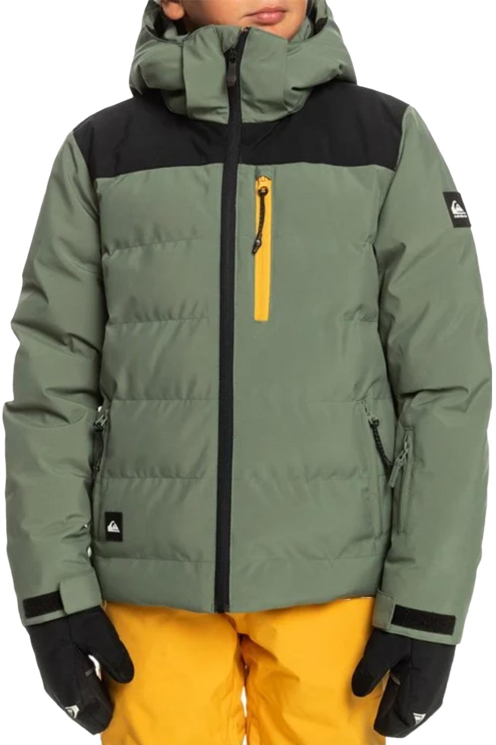 Quiksilver boys' snowboard puffy jacket, green with back and yellow accents