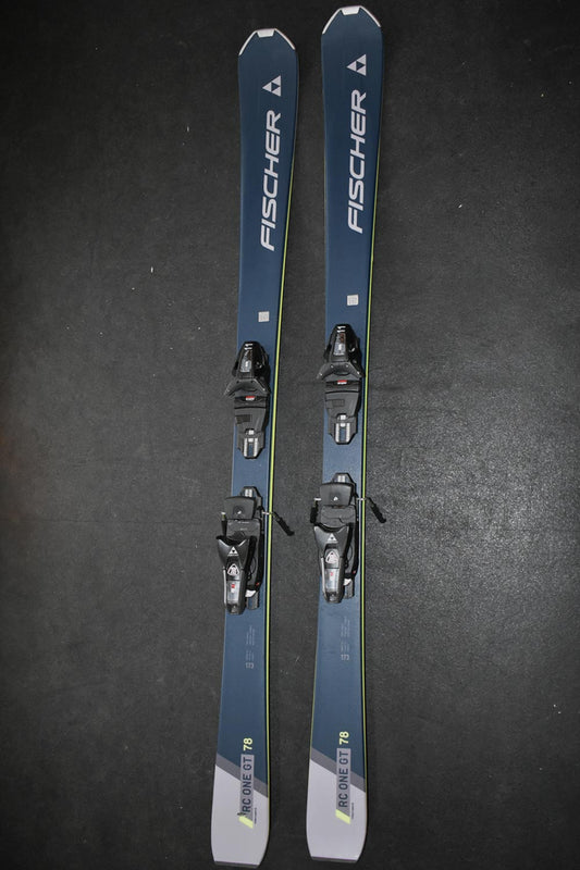 Fischer RC One GT 78 demo skis, blue and gray with black bindings