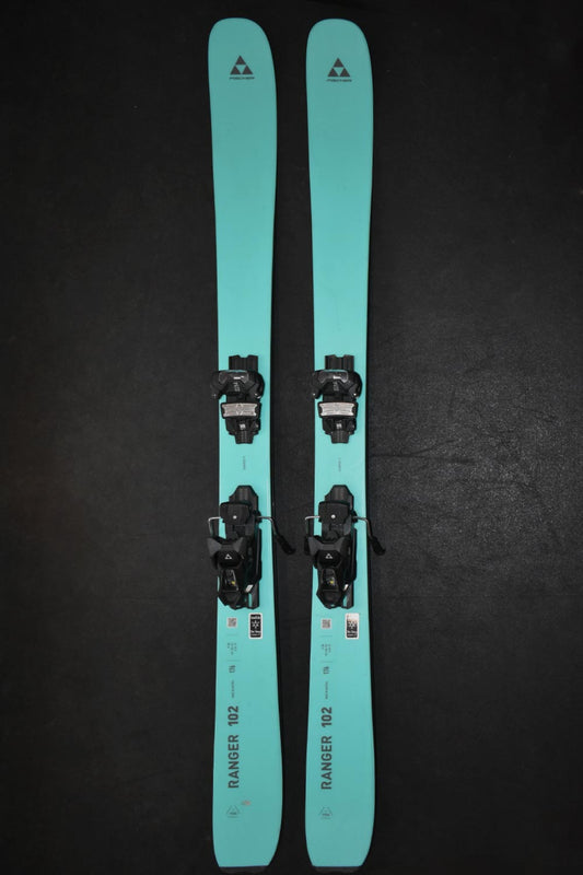 Fischer Ranger 102 demo skis, teal with black bindings