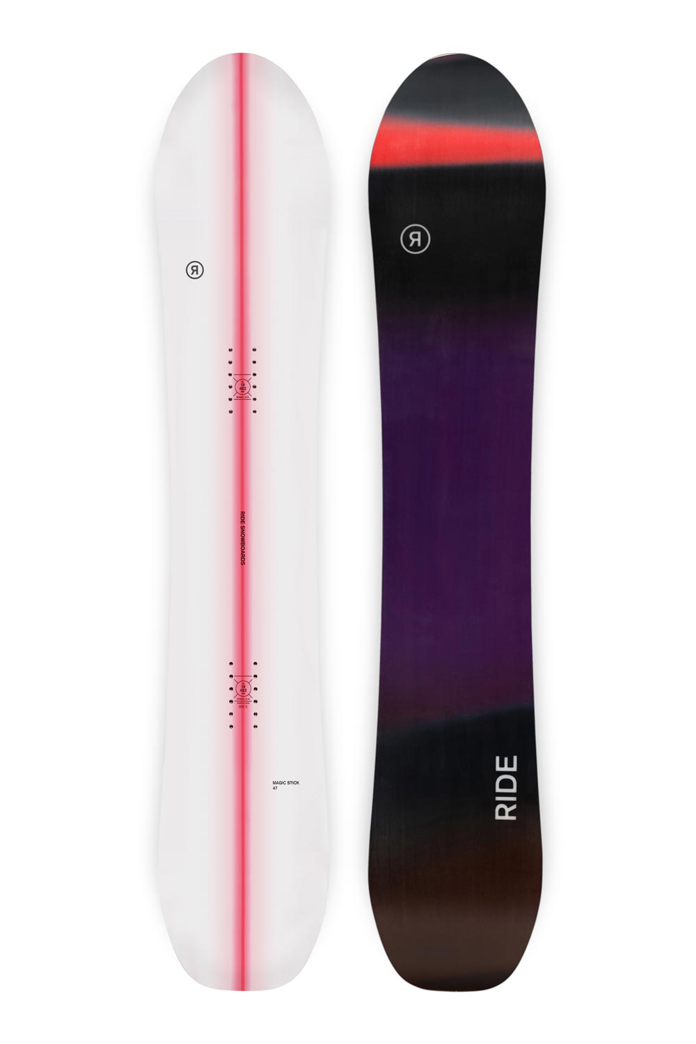 Ride Magic Stick snowboard, women's, white with red stripe