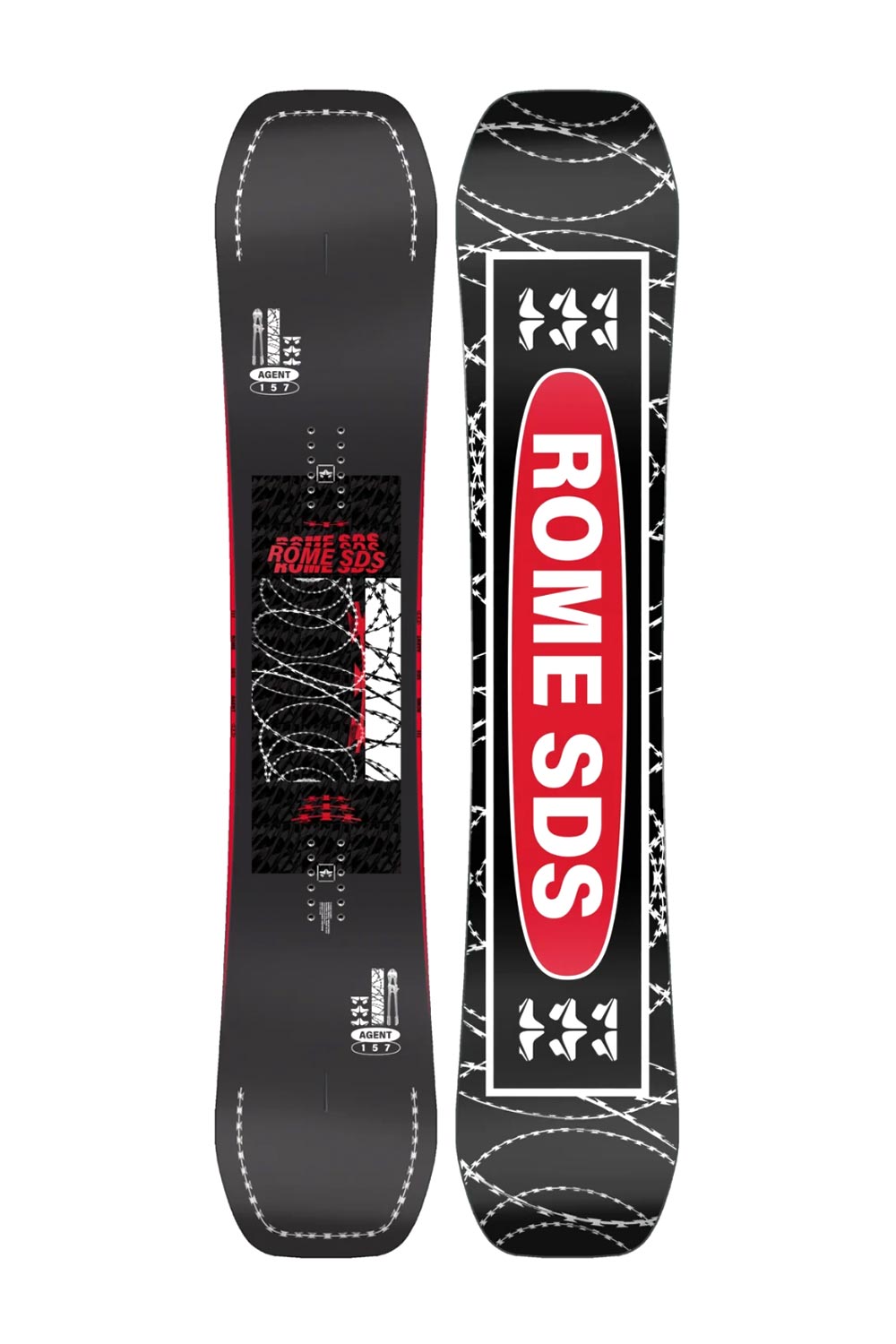 men's Rome Agent snowboard, black with white/red accents